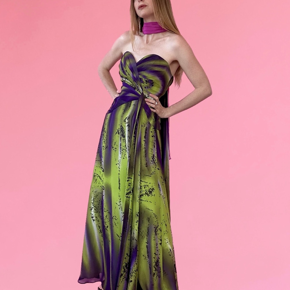 Vibrant Green & Purple Gown with Pink Scarf